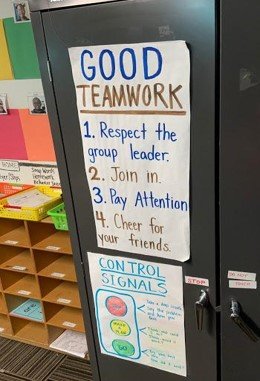 Poster that says Good Teamwork: 1. respect the group leader 2. Join in 3. Pay Attention 4. Cheer for Friends 