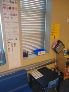 A classroom with posters and a desk 