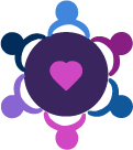 Circle of connected figures surrounding a heart, symbolizing collaboration, teamwork, and shared purpose.