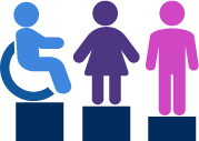 Three human figures of different colors and sizes standing on equal platforms, symbolizing equity and inclusion.